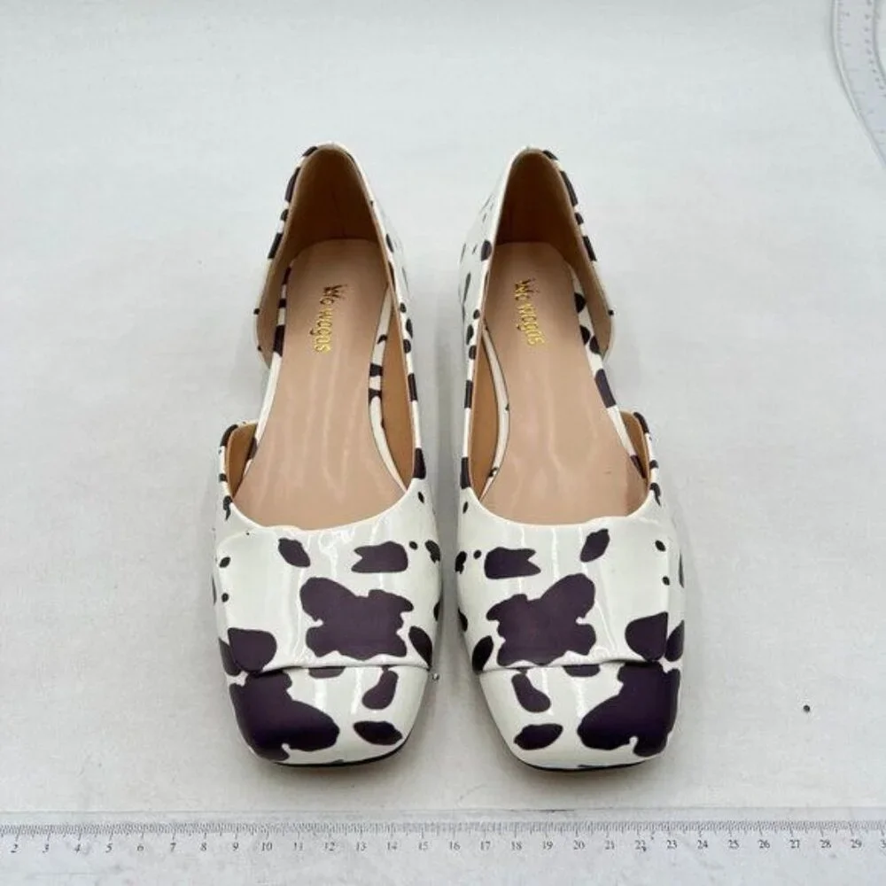 Wo Wagas Milk Cow Print Side Cut Block Low Heels Square Toe Pumps Slip On Shoes - Picture 3 of 8